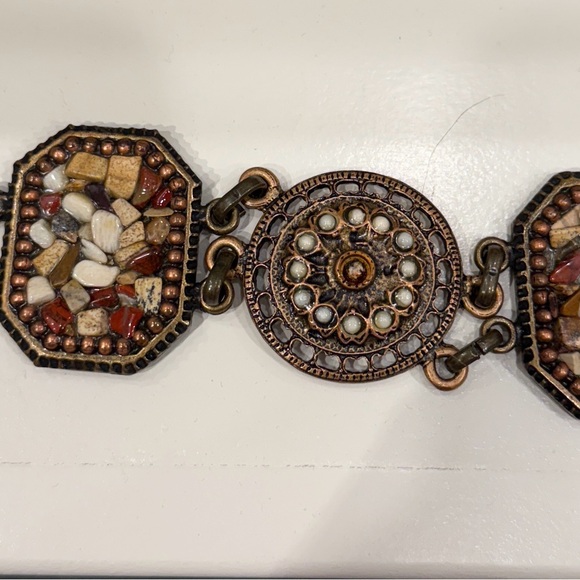 Vintage BELT Mosaic Stone Link ~ Antique Brass Octagon & Circle Boho ~ EUC - Picture 1 of 16